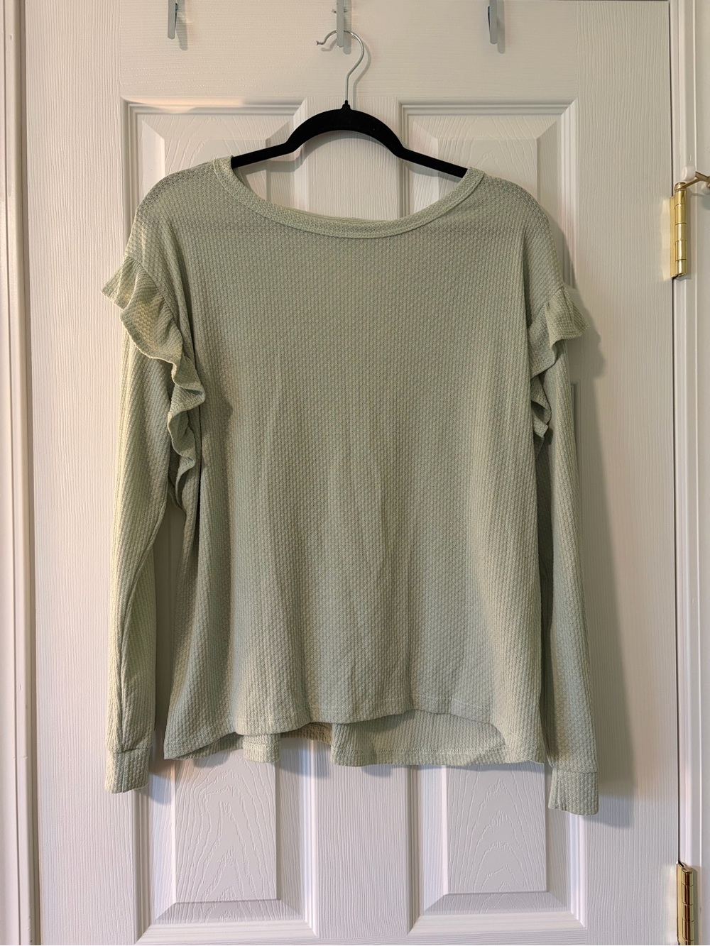 7th Ray Light Sage Ruffle Waffle Knit Long Sleeve Top